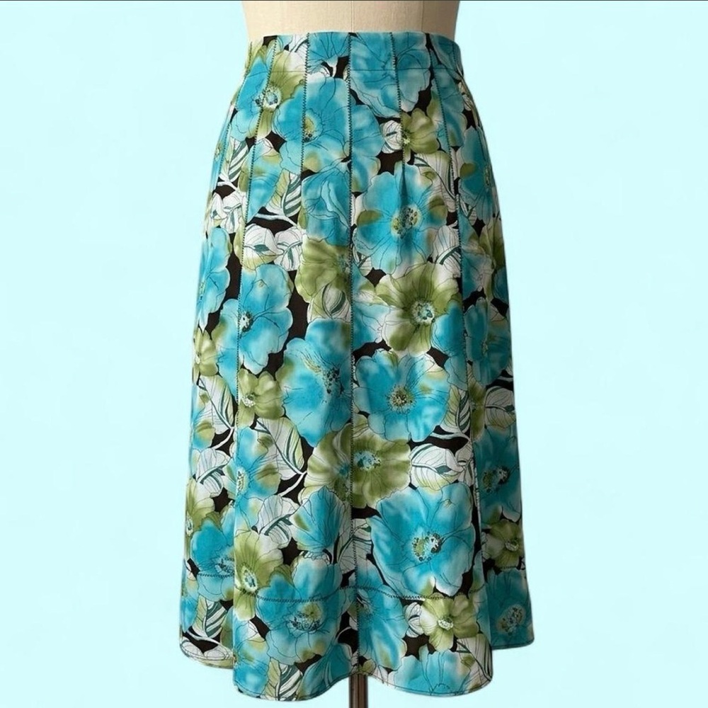 Vintage Blue Green Floral Midi Skirt with Brown Accents - Size 8 - Picture 9 of 9